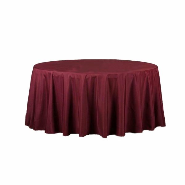 Polyester |  120″ Burgundy Seamless Polyester Round Tablecloth for 5 Foot Table With Floor-Length Drop