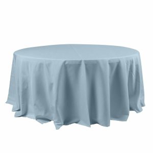 Polyester |  120″ Dusty Blue Seamless Polyester Round Tablecloth for 5 Foot Table With Floor-Length Drop