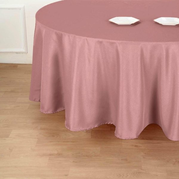 Polyester |  120″ Dusty Rose Seamless Polyester Round Tablecloth for 5 Foot Table With Floor-Length Drop