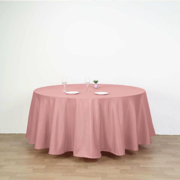 Polyester |  120″ Dusty Rose Seamless Polyester Round Tablecloth for 5 Foot Table With Floor-Length Drop