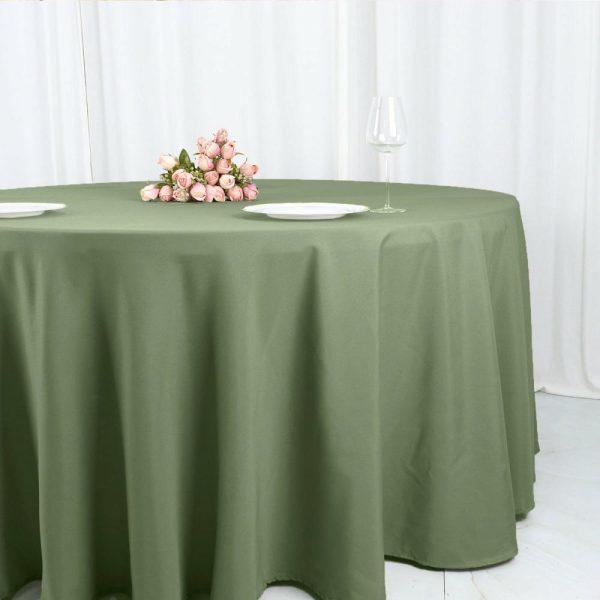 Polyester |  120″ Dusty Sage Green Seamless Polyester Round Tablecloth for 5 Foot Table With Floor-Length Drop