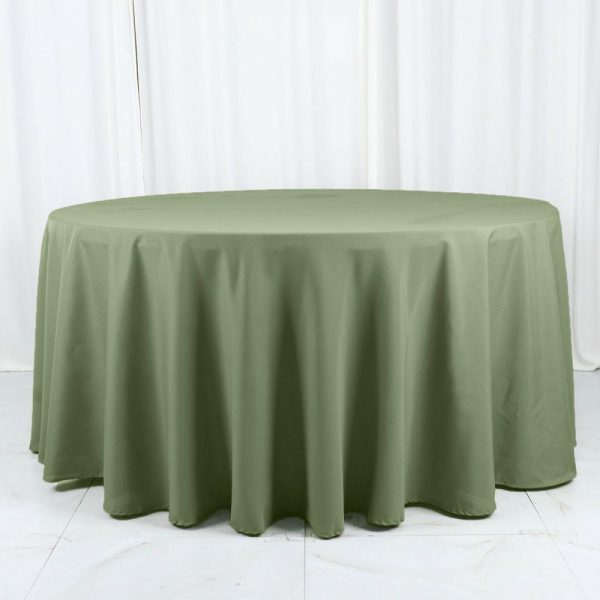 Polyester |  120″ Dusty Sage Green Seamless Polyester Round Tablecloth for 5 Foot Table With Floor-Length Drop