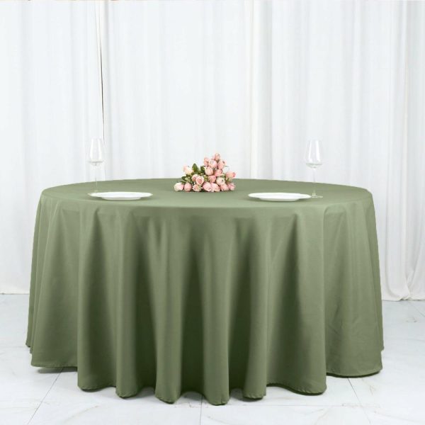 Polyester |  120″ Dusty Sage Green Seamless Polyester Round Tablecloth for 5 Foot Table With Floor-Length Drop