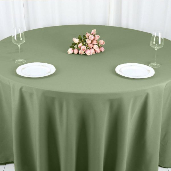 Polyester |  120″ Dusty Sage Green Seamless Polyester Round Tablecloth for 5 Foot Table With Floor-Length Drop