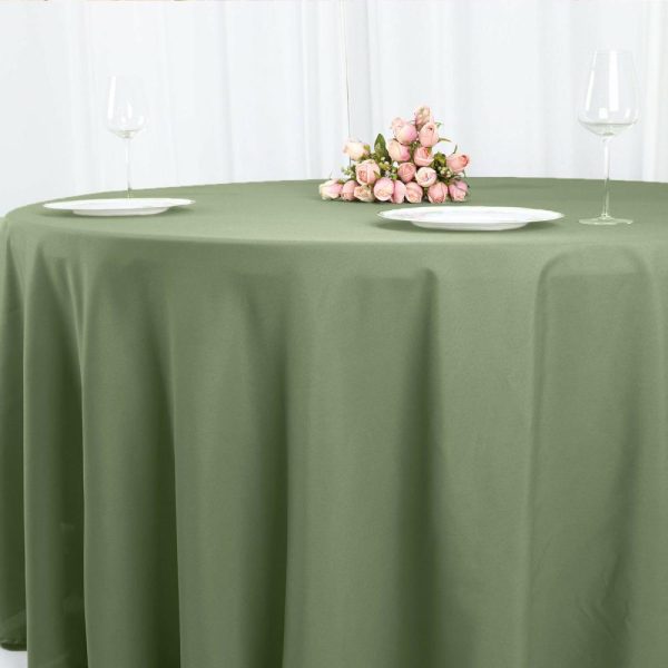 Polyester |  120″ Dusty Sage Green Seamless Polyester Round Tablecloth for 5 Foot Table With Floor-Length Drop