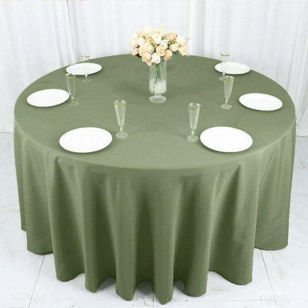 Polyester |  120″ Dusty Sage Green Seamless Polyester Round Tablecloth for 5 Foot Table With Floor-Length Drop