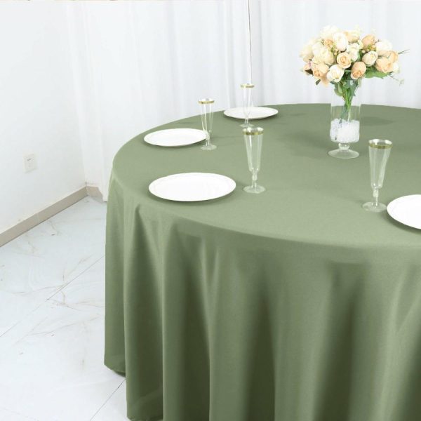 Polyester |  120″ Dusty Sage Green Seamless Polyester Round Tablecloth for 5 Foot Table With Floor-Length Drop