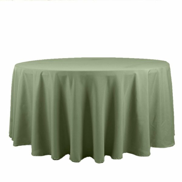 Polyester |  120″ Dusty Sage Green Seamless Polyester Round Tablecloth for 5 Foot Table With Floor-Length Drop