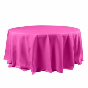 Polyester |  120″ Fuchsia Seamless Polyester Round Tablecloth for 5 Foot Table With Floor-Length Drop