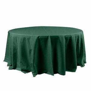 Polyester |  120″ Hunter Emerald Green Seamless Polyester Round Tablecloth for 5 Foot Table With Floor-Length Drop