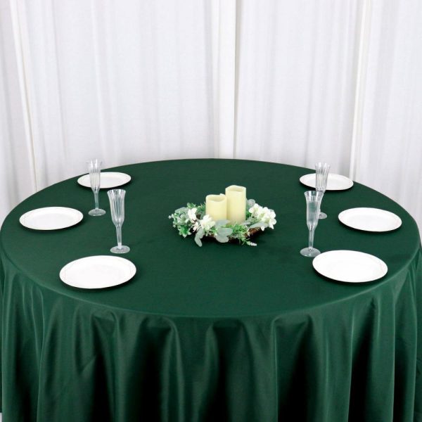 Polyester |  120″ Hunter Emerald Green Seamless Polyester Round Tablecloth for 5 Foot Table With Floor-Length Drop