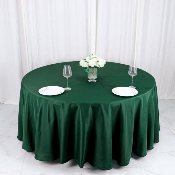 Polyester |  120″ Hunter Emerald Green Seamless Polyester Round Tablecloth for 5 Foot Table With Floor-Length Drop