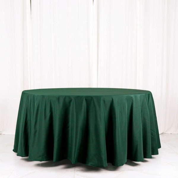 Polyester |  120″ Hunter Emerald Green Seamless Polyester Round Tablecloth for 5 Foot Table With Floor-Length Drop