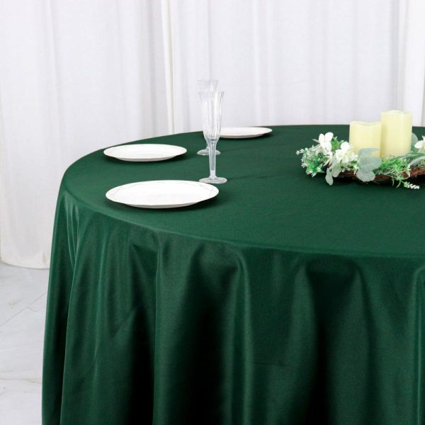 Polyester |  120″ Hunter Emerald Green Seamless Polyester Round Tablecloth for 5 Foot Table With Floor-Length Drop