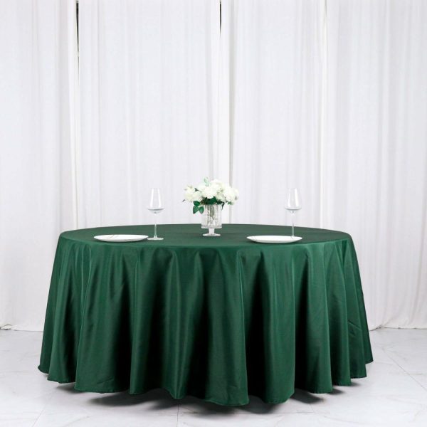 Polyester |  120″ Hunter Emerald Green Seamless Polyester Round Tablecloth for 5 Foot Table With Floor-Length Drop