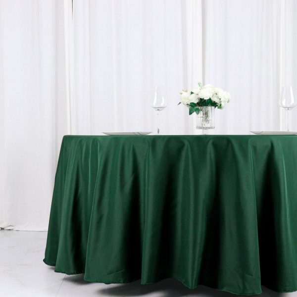 Polyester |  120″ Hunter Emerald Green Seamless Polyester Round Tablecloth for 5 Foot Table With Floor-Length Drop