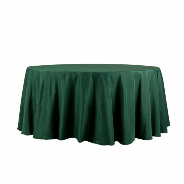 Polyester |  120″ Hunter Emerald Green Seamless Polyester Round Tablecloth for 5 Foot Table With Floor-Length Drop