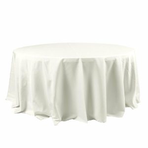 Polyester |  120″ Ivory Seamless Polyester Round Tablecloth for 5 Foot Table With Floor-Length Drop