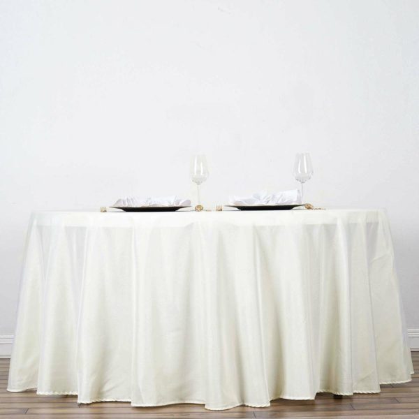 Polyester |  120″ Ivory Seamless Polyester Round Tablecloth for 5 Foot Table With Floor-Length Drop