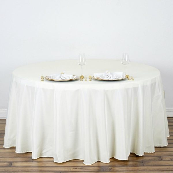 Polyester |  120″ Ivory Seamless Polyester Round Tablecloth for 5 Foot Table With Floor-Length Drop