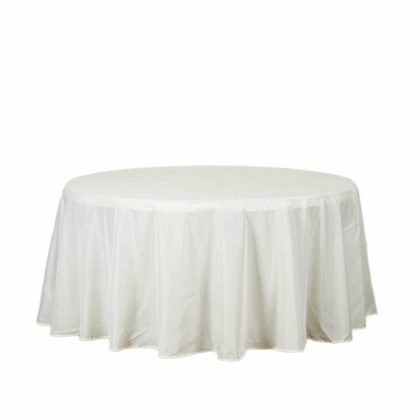 Polyester |  120″ Ivory Seamless Polyester Round Tablecloth for 5 Foot Table With Floor-Length Drop