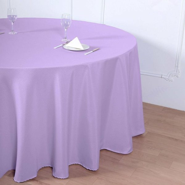 Polyester |  120″ Lavender Lilac Seamless Polyester Round Tablecloth for 5 Foot Table With Floor-Length Drop