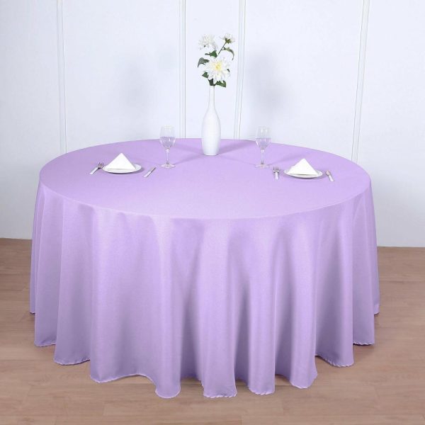 Polyester |  120″ Lavender Lilac Seamless Polyester Round Tablecloth for 5 Foot Table With Floor-Length Drop