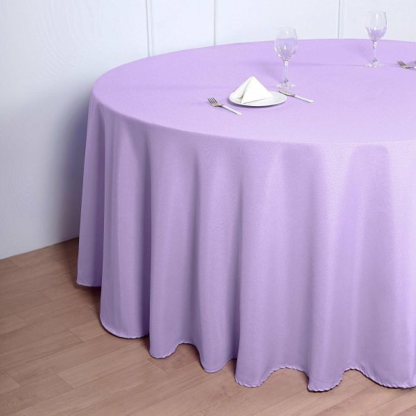 Polyester |  120″ Lavender Lilac Seamless Polyester Round Tablecloth for 5 Foot Table With Floor-Length Drop