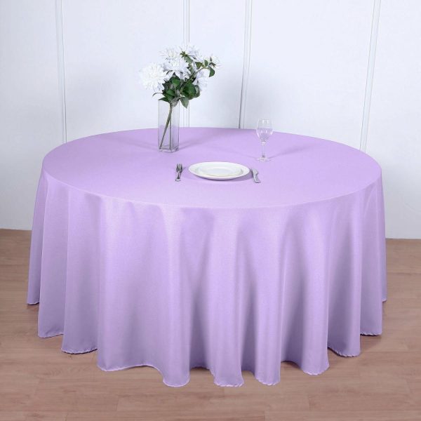 Polyester |  120″ Lavender Lilac Seamless Polyester Round Tablecloth for 5 Foot Table With Floor-Length Drop