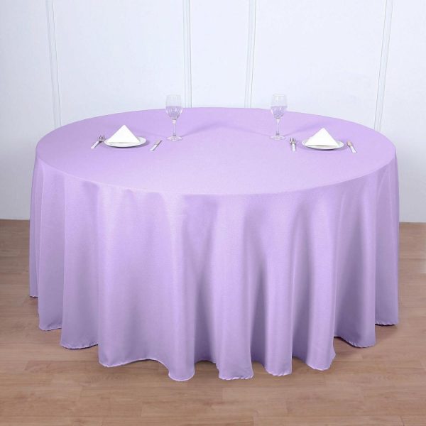 Polyester |  120″ Lavender Lilac Seamless Polyester Round Tablecloth for 5 Foot Table With Floor-Length Drop