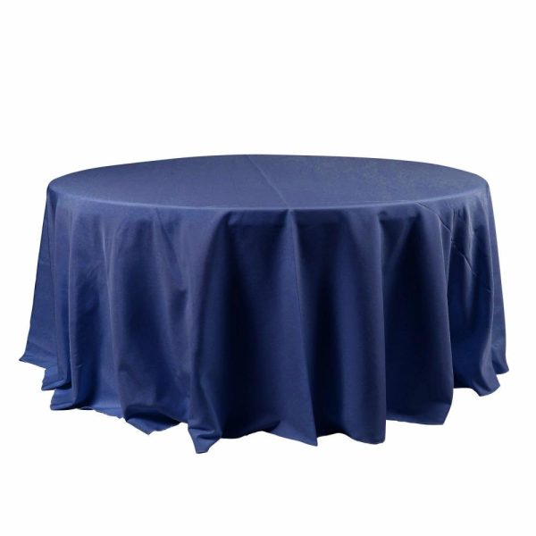 Polyester |  120″ Navy Blue Seamless Polyester Round Tablecloth for 5 Foot Table With Floor-Length Drop