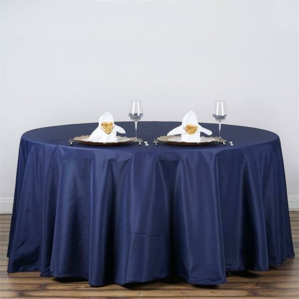 Polyester |  120″ Navy Blue Seamless Polyester Round Tablecloth for 5 Foot Table With Floor-Length Drop