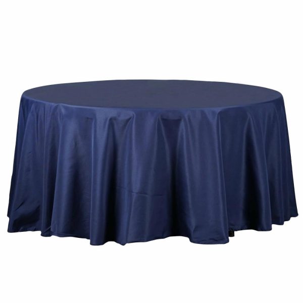 Polyester |  120″ Navy Blue Seamless Polyester Round Tablecloth for 5 Foot Table With Floor-Length Drop