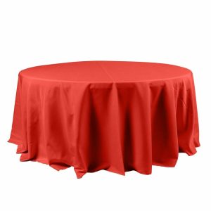 Polyester |  120″ Red Seamless Polyester Round Tablecloth for 5 Foot Table With Floor-Length Drop