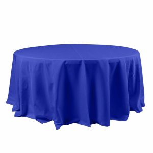 Polyester |  120″ Royal Blue Seamless Polyester Round Tablecloth for 5 Foot Table With Floor-Length Drop