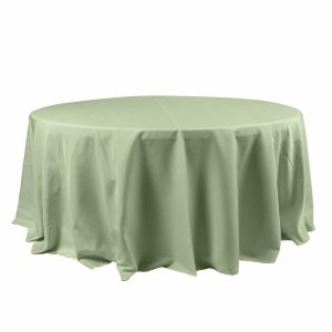 Polyester |  120″ Sage Green Seamless Polyester Round Tablecloth for 5 Foot Table With Floor-Length Drop