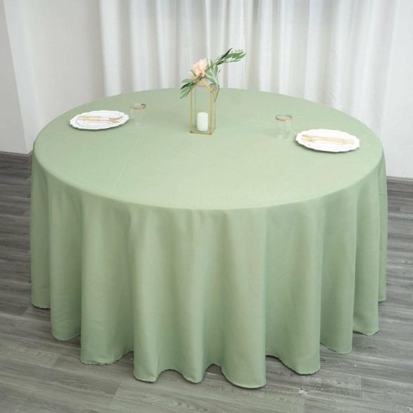 Polyester |  120″ Sage Green Seamless Polyester Round Tablecloth for 5 Foot Table With Floor-Length Drop