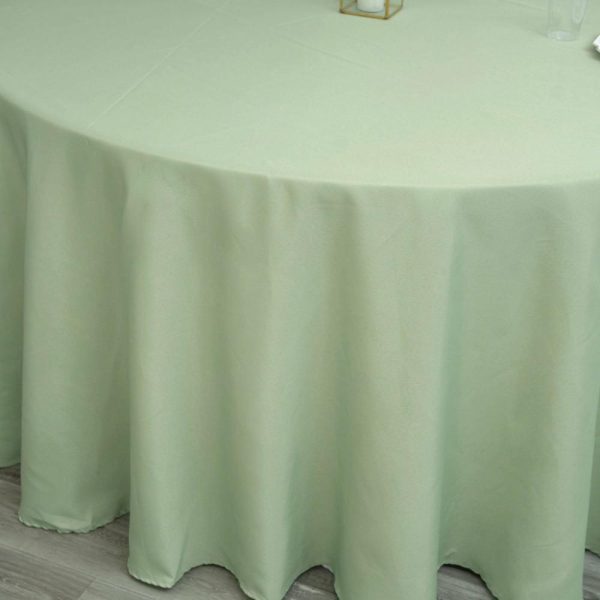 Polyester |  120″ Sage Green Seamless Polyester Round Tablecloth for 5 Foot Table With Floor-Length Drop