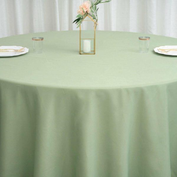 Polyester |  120″ Sage Green Seamless Polyester Round Tablecloth for 5 Foot Table With Floor-Length Drop