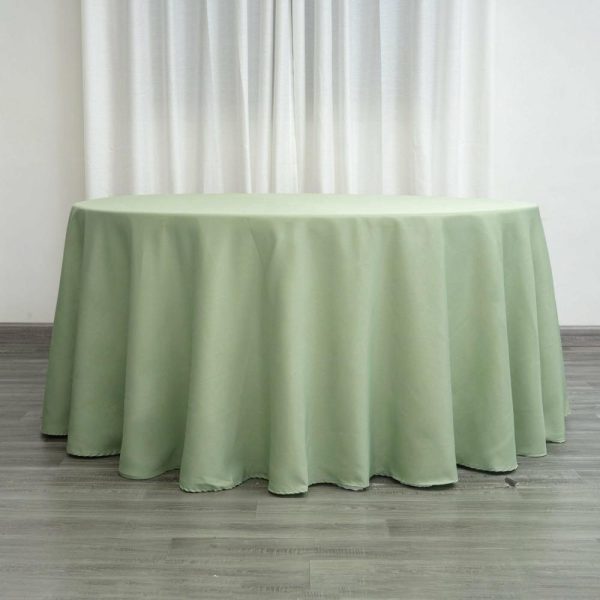 Polyester |  120″ Sage Green Seamless Polyester Round Tablecloth for 5 Foot Table With Floor-Length Drop