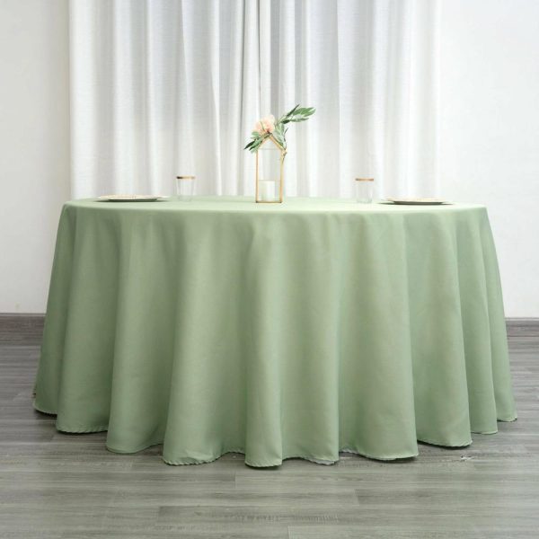 Polyester |  120″ Sage Green Seamless Polyester Round Tablecloth for 5 Foot Table With Floor-Length Drop