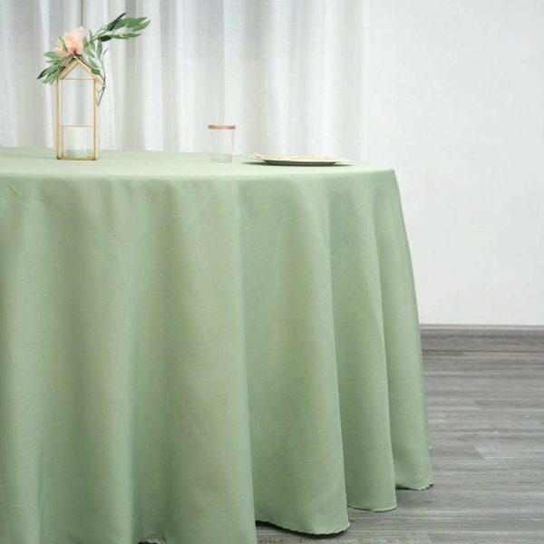 Polyester |  120″ Sage Green Seamless Polyester Round Tablecloth for 5 Foot Table With Floor-Length Drop