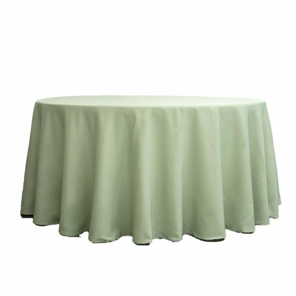 Polyester |  120″ Sage Green Seamless Polyester Round Tablecloth for 5 Foot Table With Floor-Length Drop