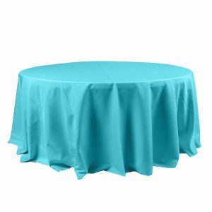 Polyester |  120″ Turquoise Seamless Polyester Round Tablecloth for 5 Foot Table With Floor-Length Drop