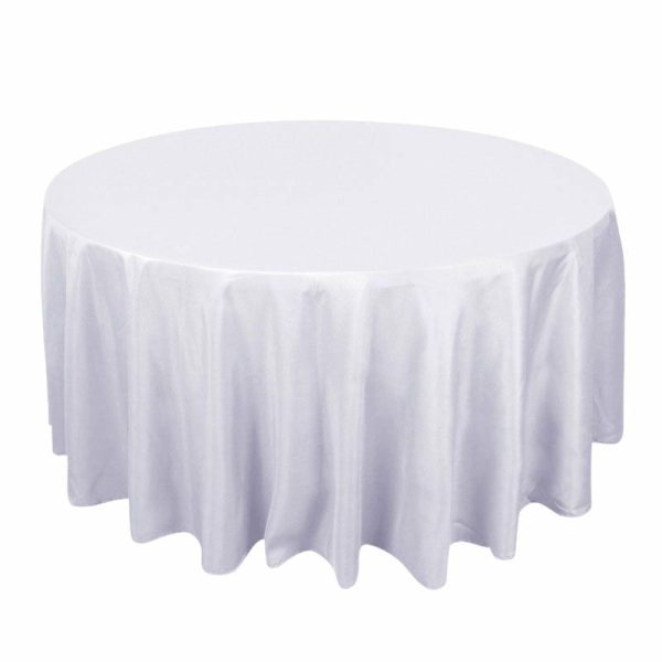 Polyester |  120″ White Seamless Premium Polyester Round Tablecloth – 220GSM for 5 Foot Table With Floor-Length Drop