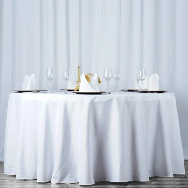 Polyester |  120″ White Seamless Premium Polyester Round Tablecloth – 220GSM for 5 Foot Table With Floor-Length Drop