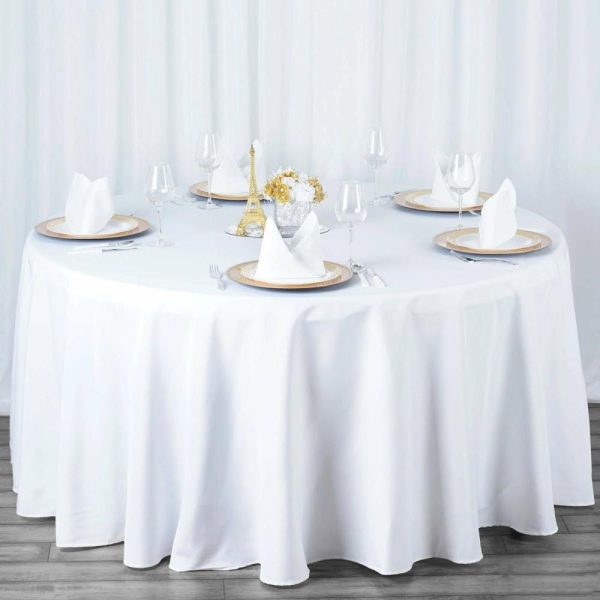 Polyester |  120″ White Seamless Premium Polyester Round Tablecloth – 220GSM for 5 Foot Table With Floor-Length Drop