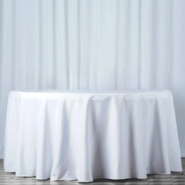 Polyester |  120″ White Seamless Premium Polyester Round Tablecloth – 220GSM for 5 Foot Table With Floor-Length Drop