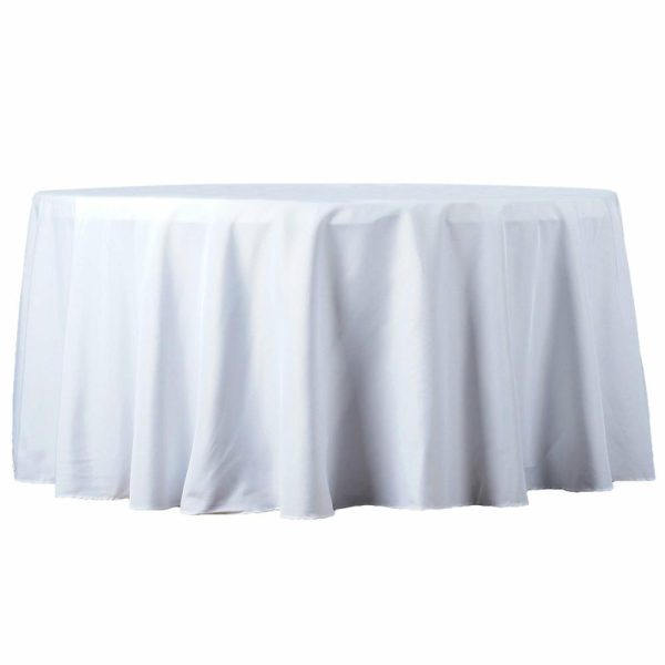 Polyester |  120″ White Seamless Premium Polyester Round Tablecloth – 220GSM for 5 Foot Table With Floor-Length Drop