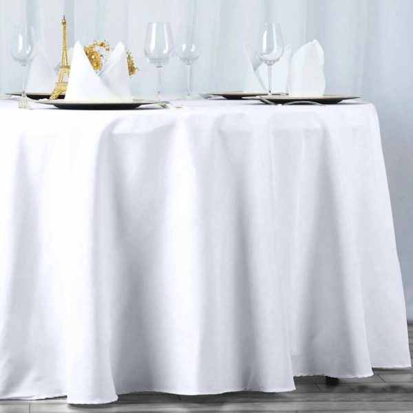 Polyester |  120″ White Seamless Premium Polyester Round Tablecloth – 220GSM for 5 Foot Table With Floor-Length Drop